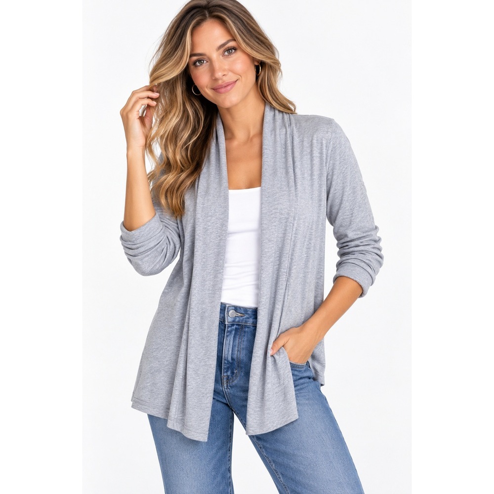 Theory Gray Modal Open Front Ruched Sleeve Cardigan  Large
